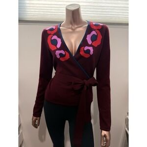 $495 Diane Von Furstenberg Wool Floral Red Wine Wrap V Neck Sweater With Tie/S